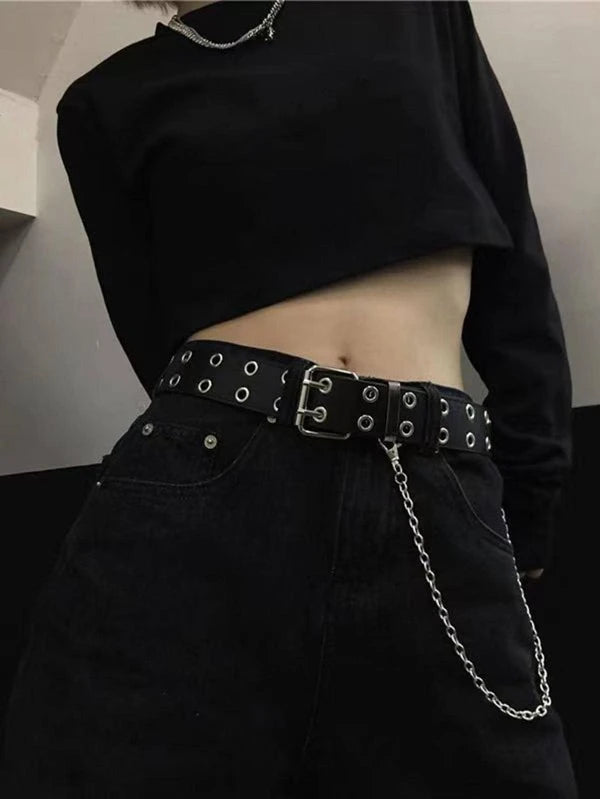 Black Grommet Belt With Chain