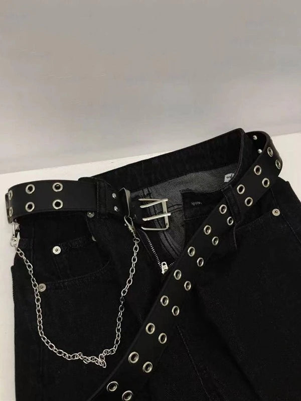 Black Grommet Belt With Chain