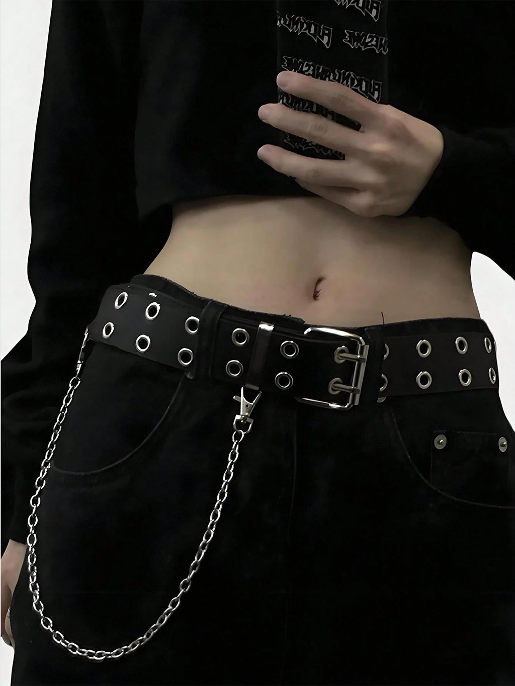 Black Grommet Belt With Chain