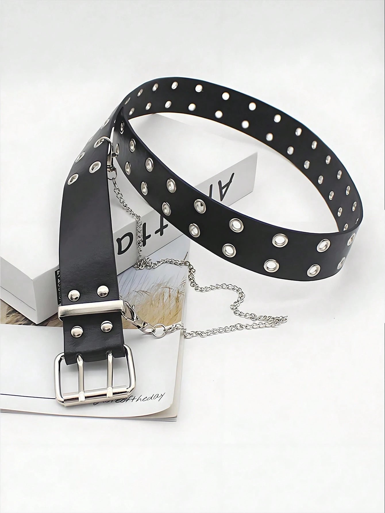 Black Grommet Belt With Chain