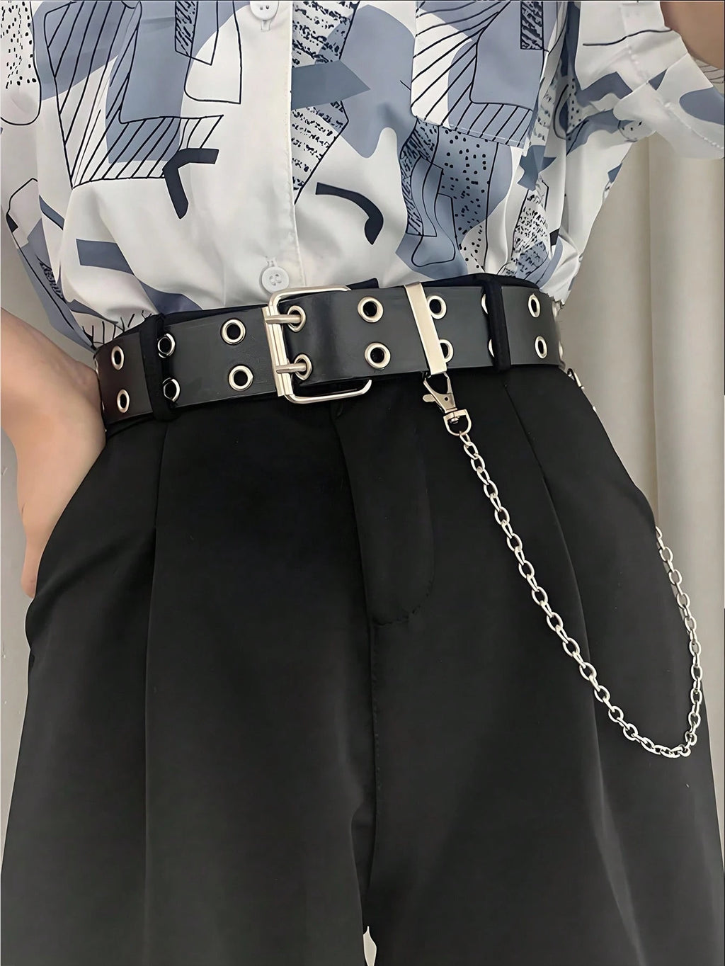 Black Grommet Belt With Chain