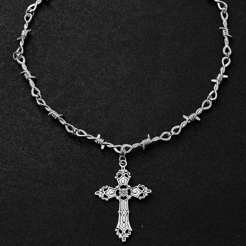 Barbed Wire Cross Chain Necklace
