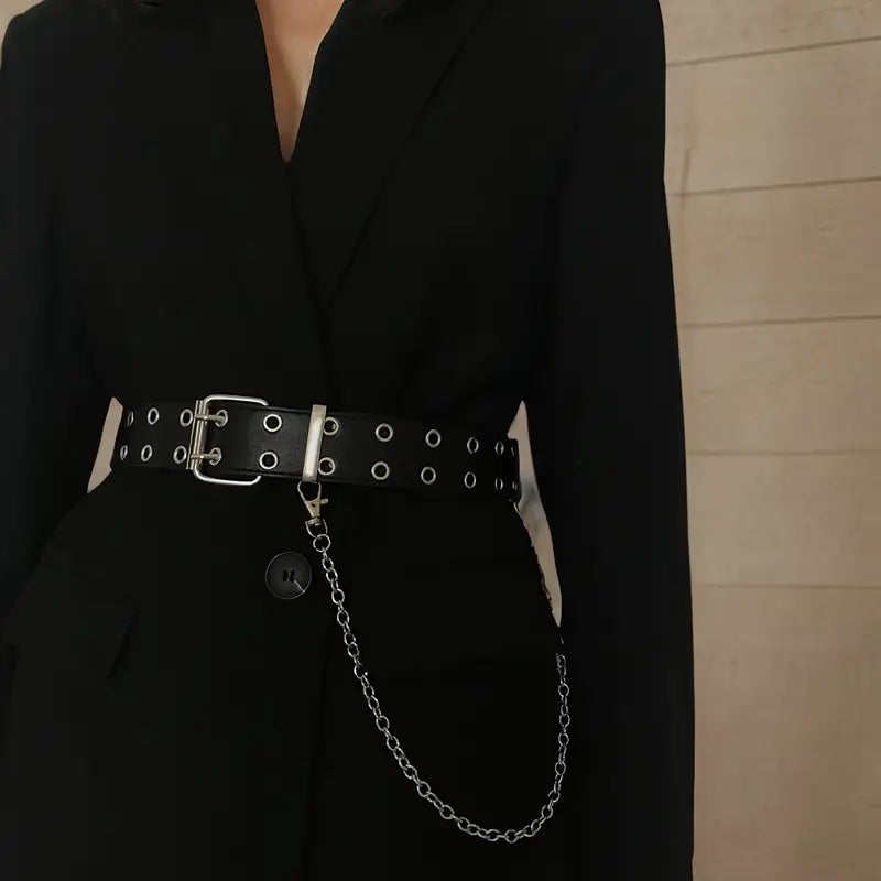 Black Grommet Belt With Chain
