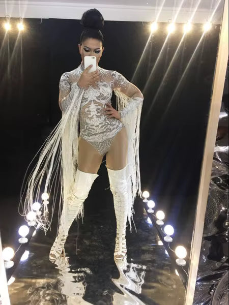 White Fringe Sequince Drag Queen Lyrical Costume