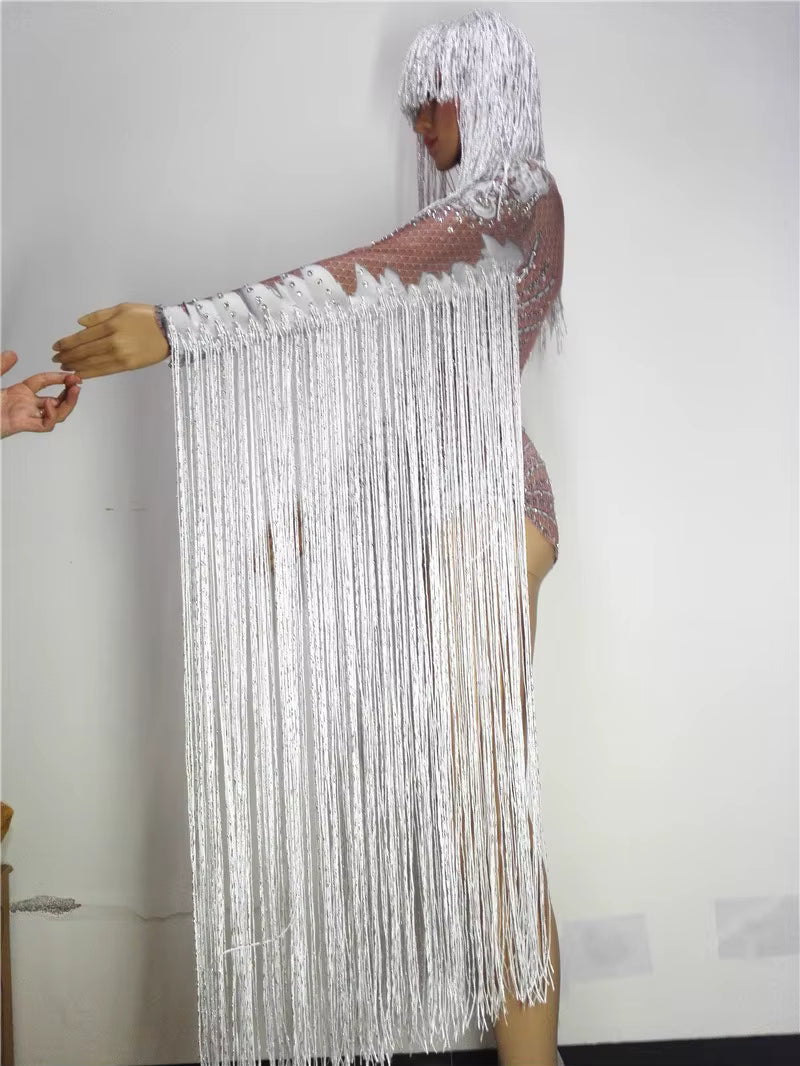 White Fringe Sequince Drag Queen Lyrical Costume