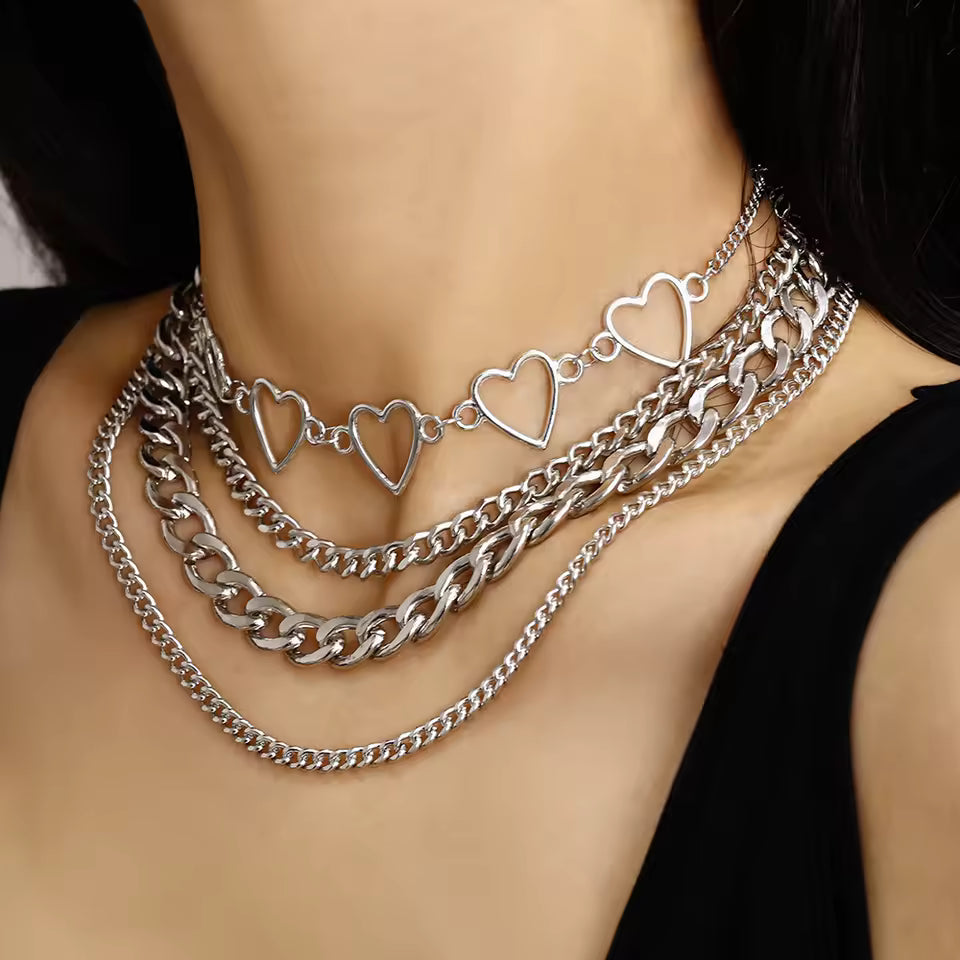 O ring Heart Layered Chain Necklace