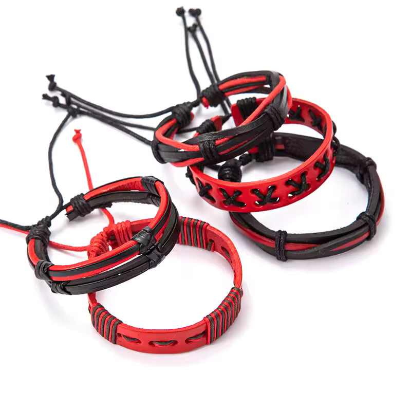 Red and Black Faux Leather Bracelet Set