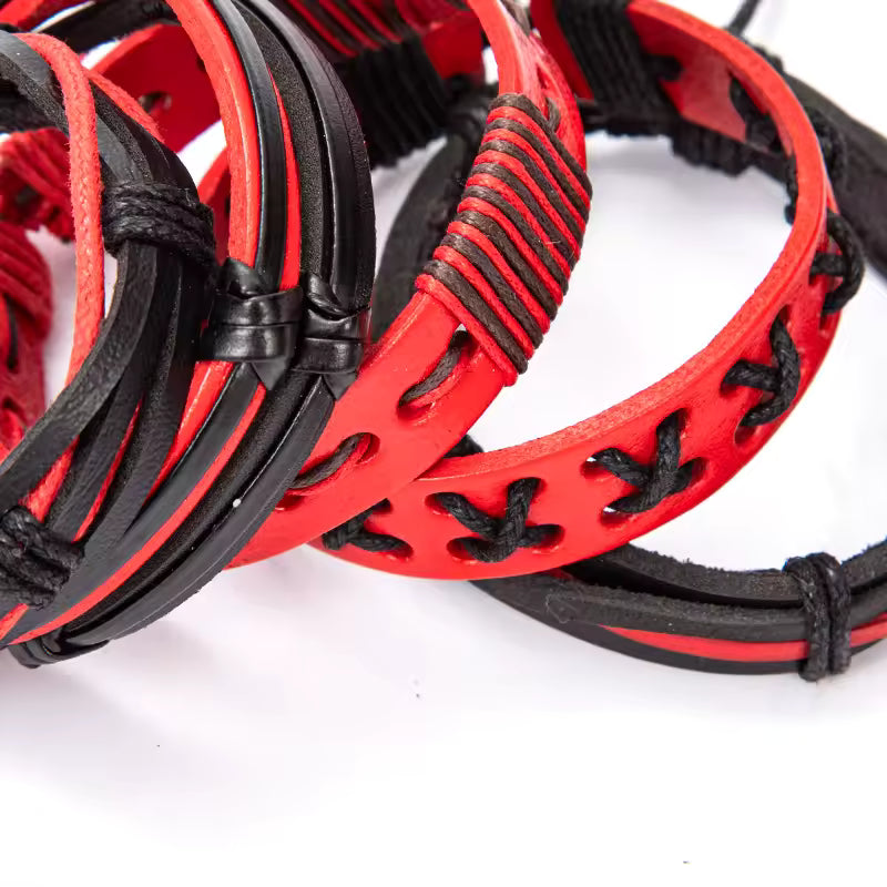 Red and Black Faux Leather Bracelet Set