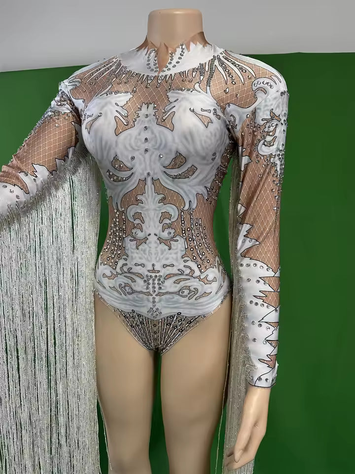 White Fringe Sequince Drag Queen Lyrical Costume
