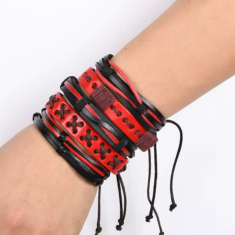 Red and Black Faux Leather Bracelet Set