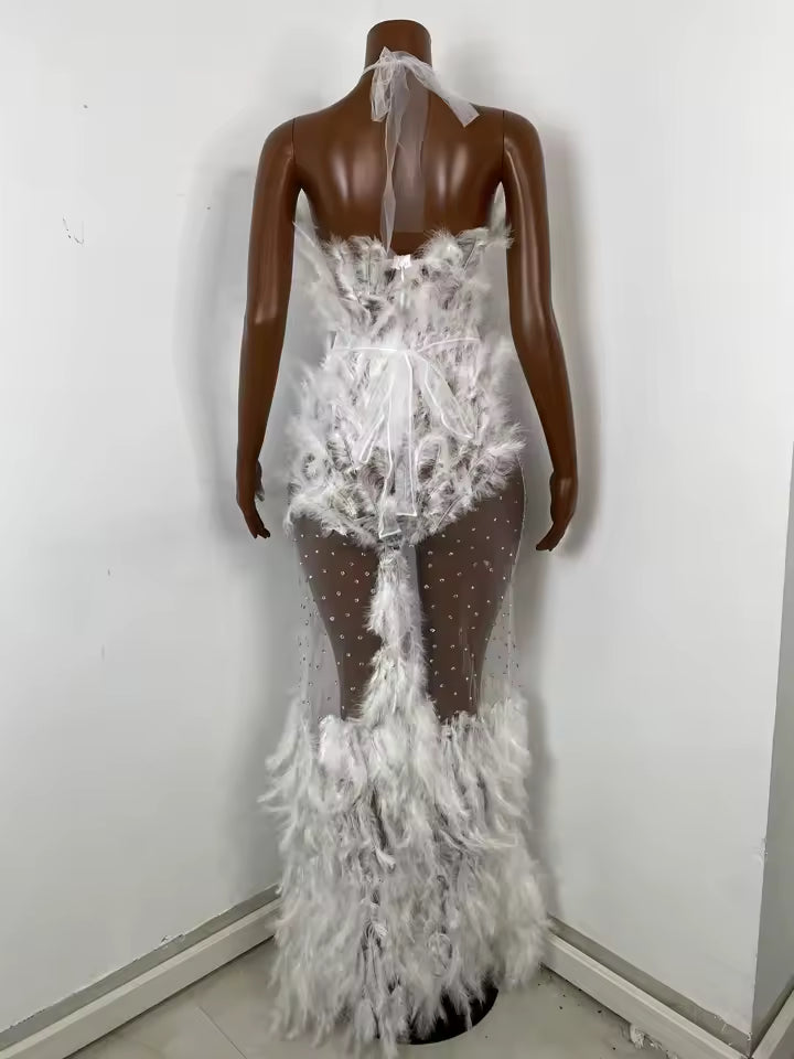 Drag Queen White Feather Dress