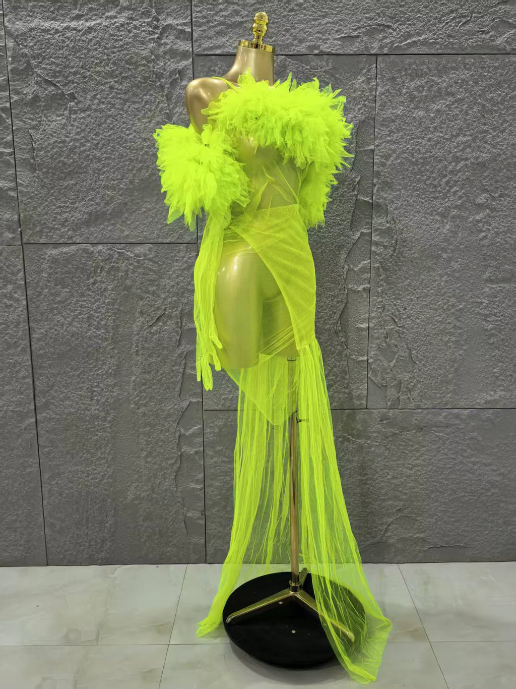 Sheer Neon Dress With Gloves