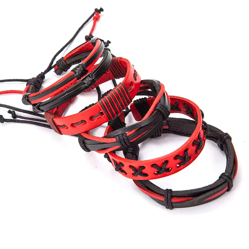 Red and Black Faux Leather Bracelet Set