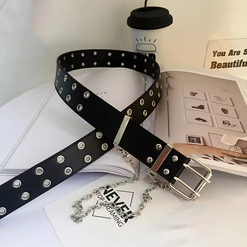 Black Grommet Belt With Chain