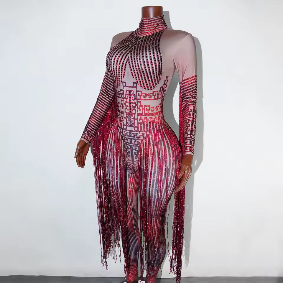 Red Fringe Sequince Drag Queen Lyrical Costume