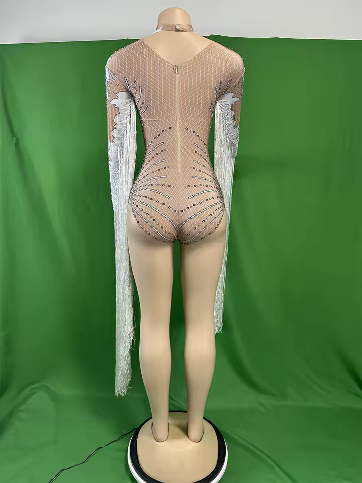 White Fringe Sequince Drag Queen Lyrical Costume