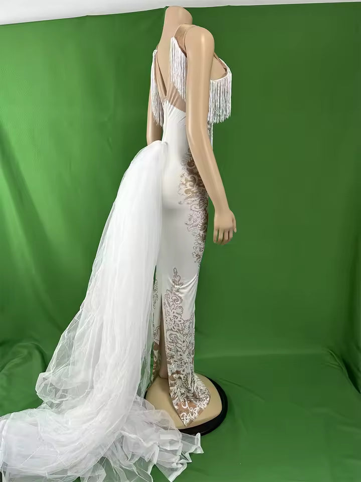 Sheer White Train Drag Queen Dress