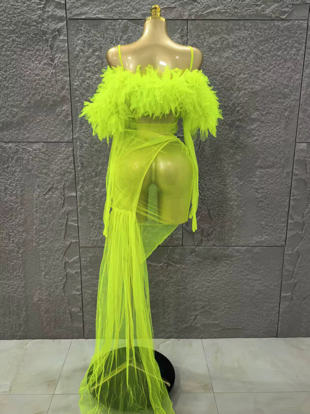 Sheer Neon Dress With Gloves