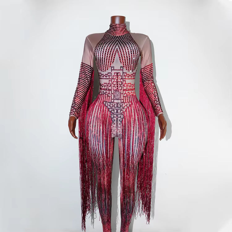 Red Fringe Sequince Drag Queen Lyrical Costume