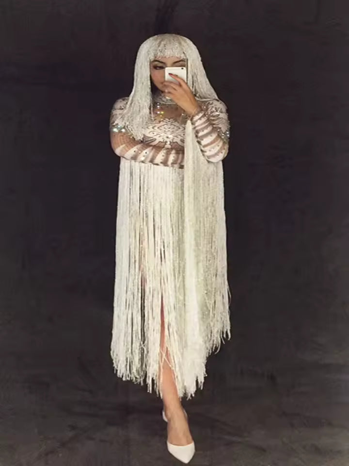 White Fringe Sequince Drag Queen Lyrical Costume