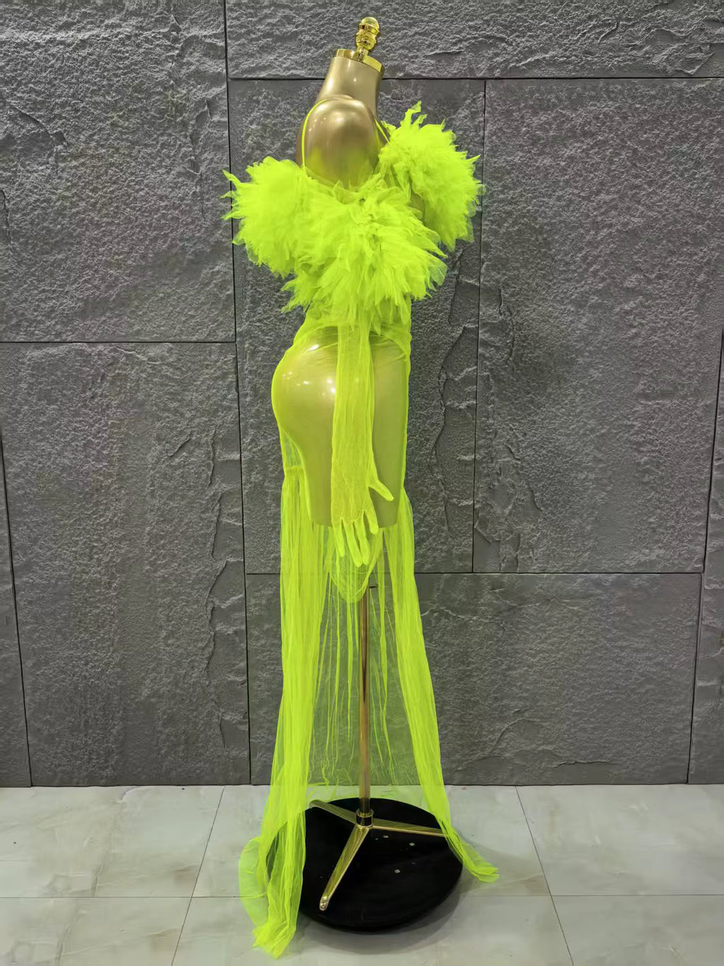 Sheer Neon Dress With Gloves