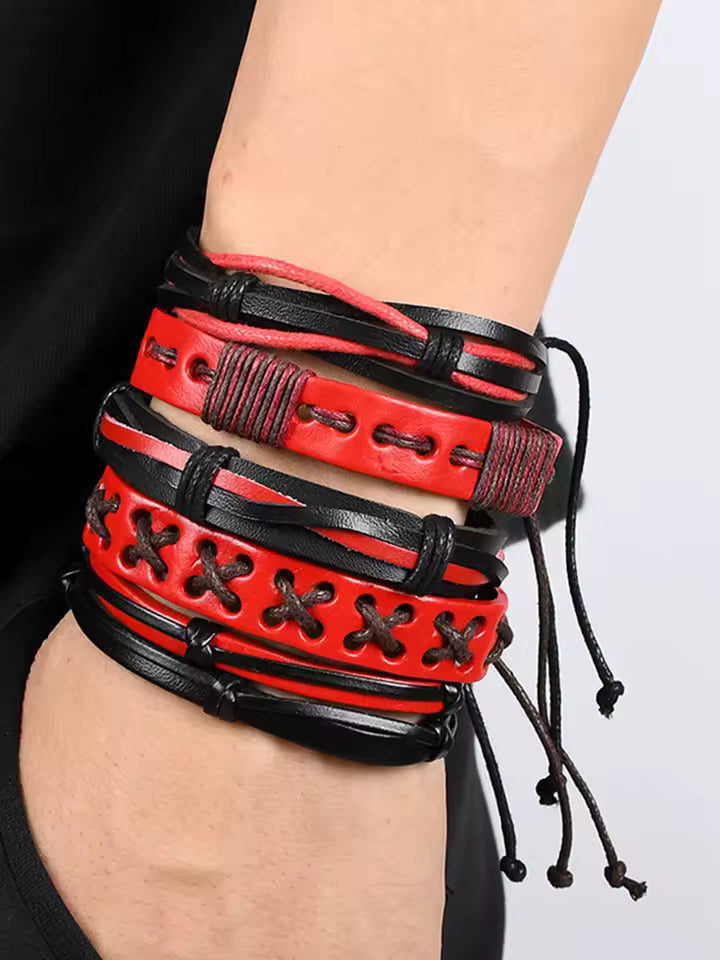 Red and Black Faux Leather Bracelet Set