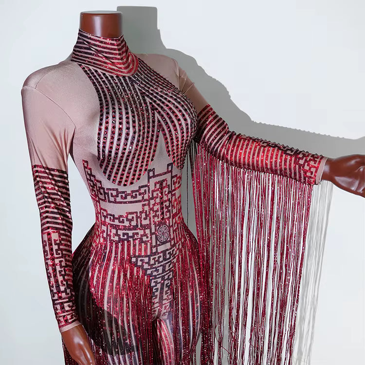 Red Fringe Sequince Drag Queen Lyrical Costume
