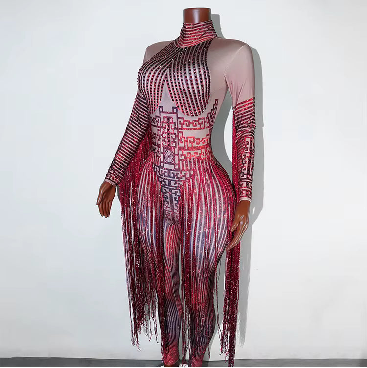 Red Fringe Sequince Drag Queen Lyrical Costume