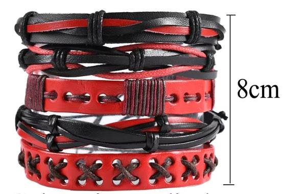 Red and Black Faux Leather Bracelet Set