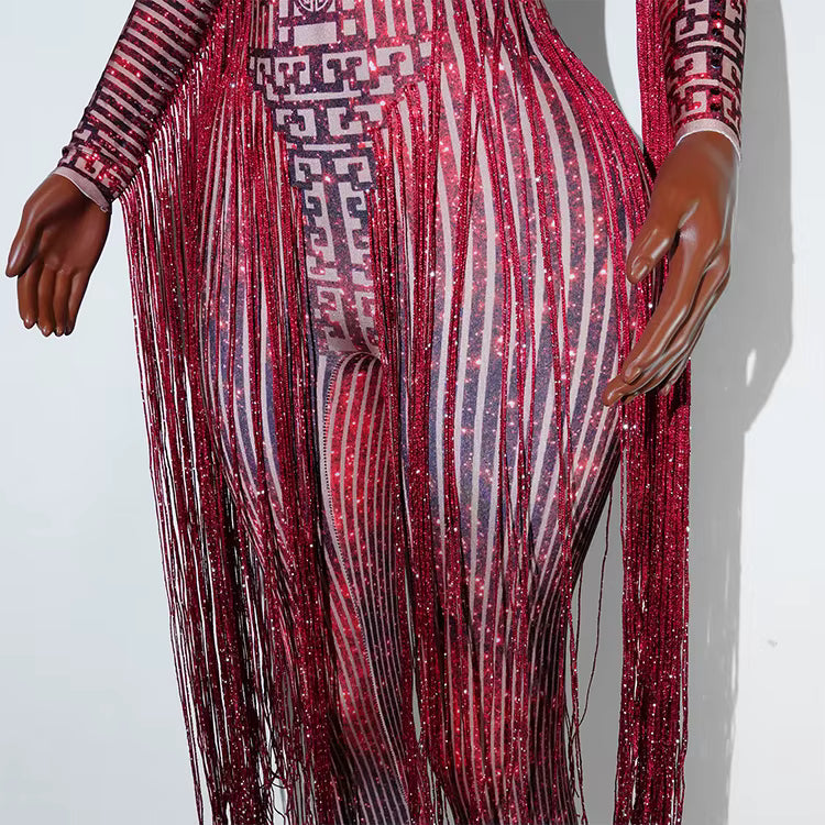 Red Fringe Sequince Drag Queen Lyrical Costume