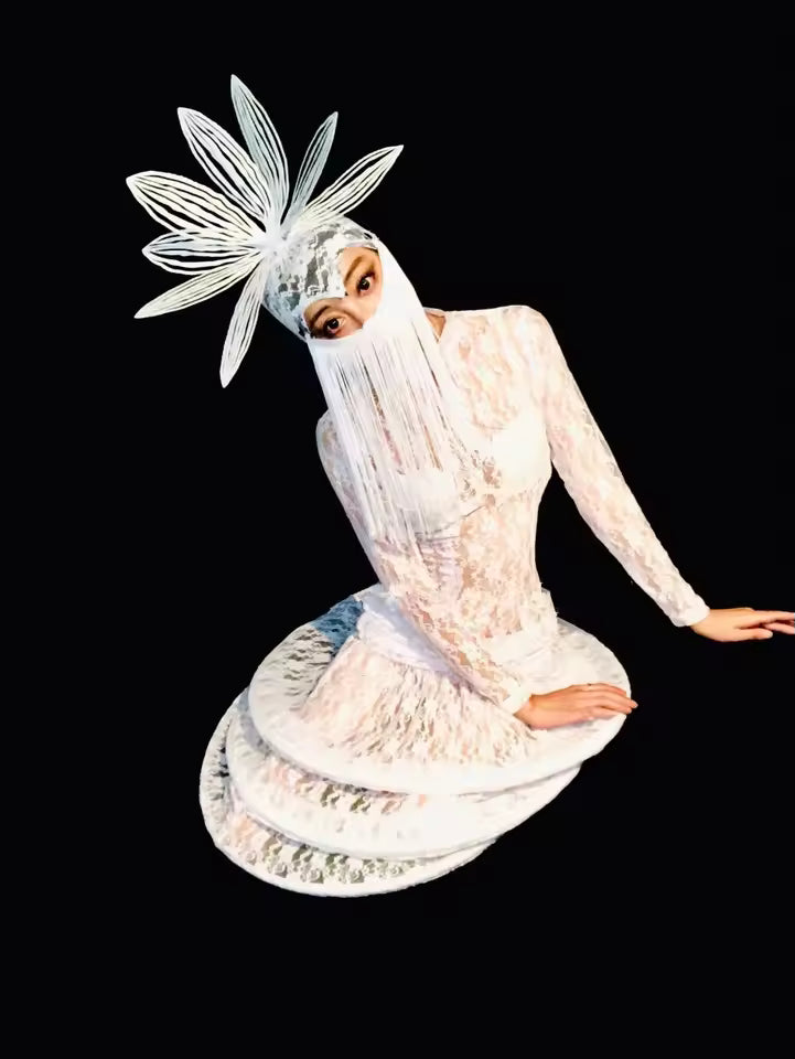 White Lace fringe Mask Dress
