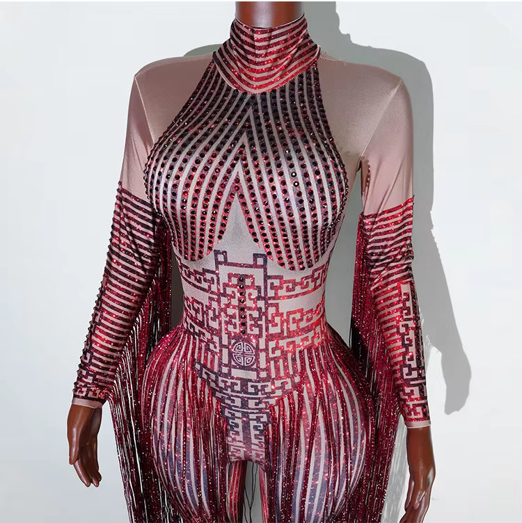 Red Fringe Sequince Drag Queen Lyrical Costume