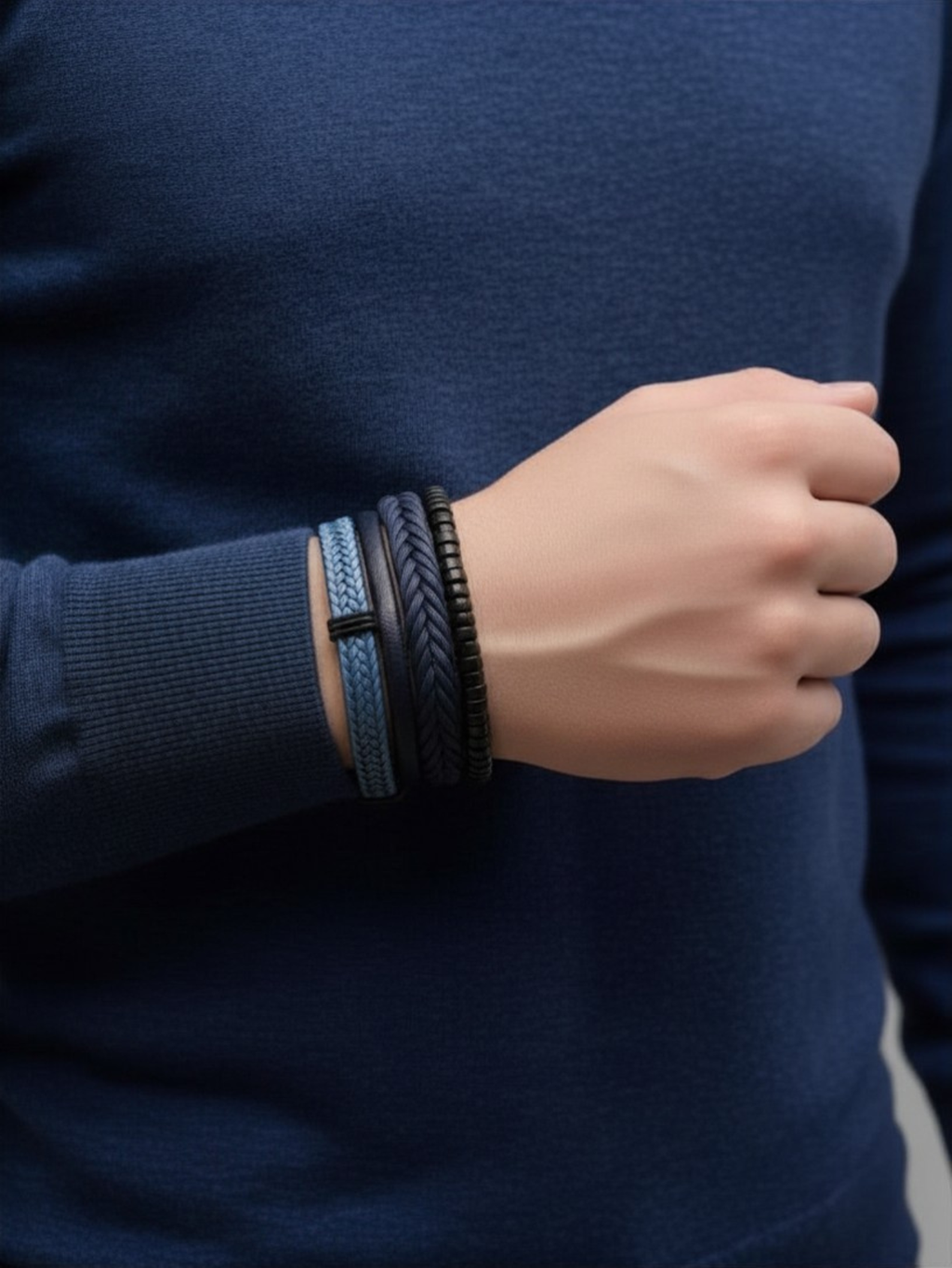 Blue Leather Bracelet Set