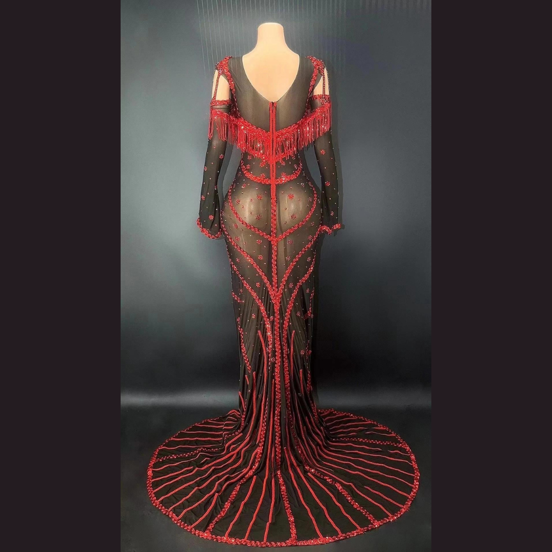 Red Sequin Sheer Dress