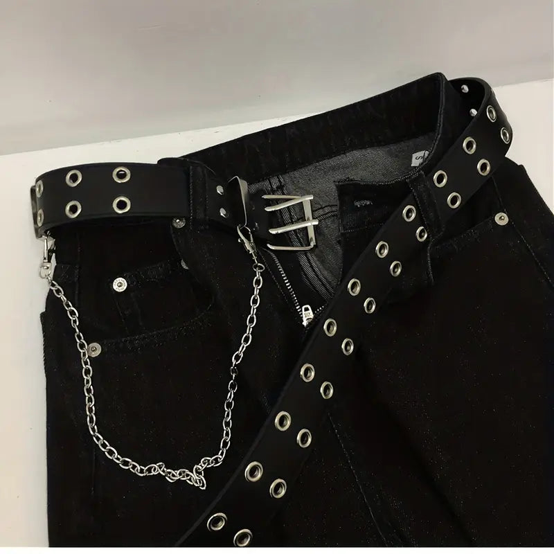 Black Grommet Belt With Chain