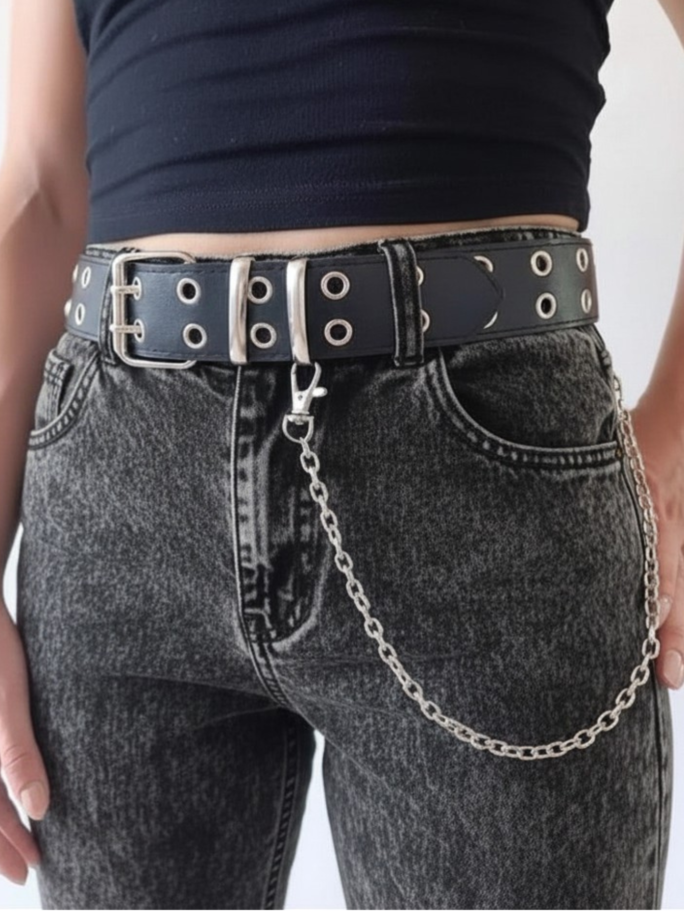 Black Grommet Belt With Chain