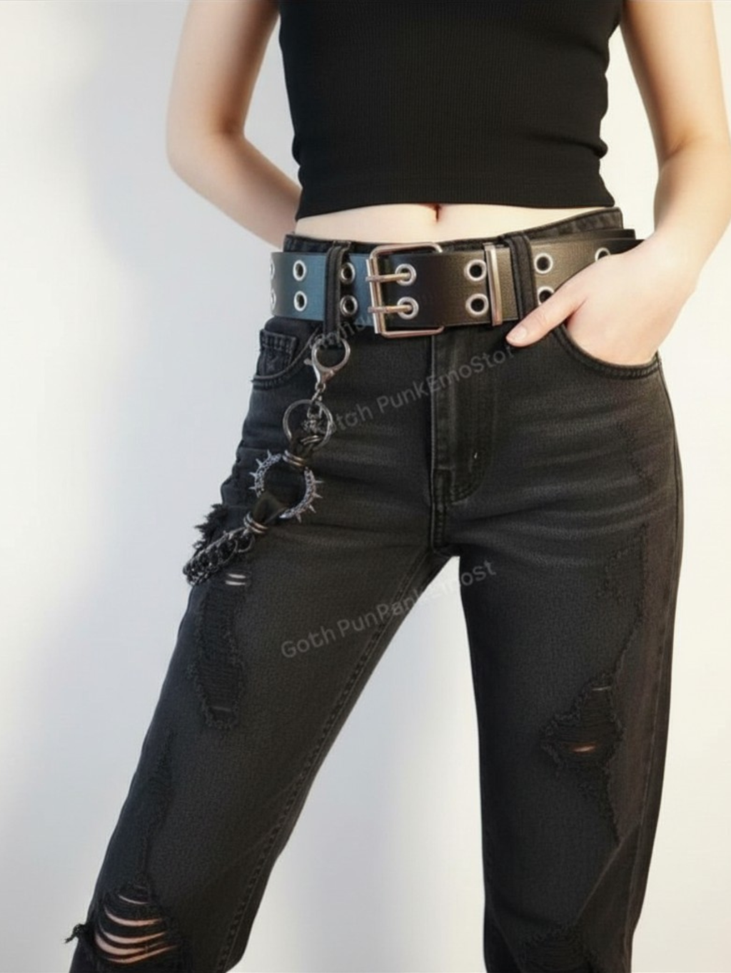 Black Grommet Belt With Chain