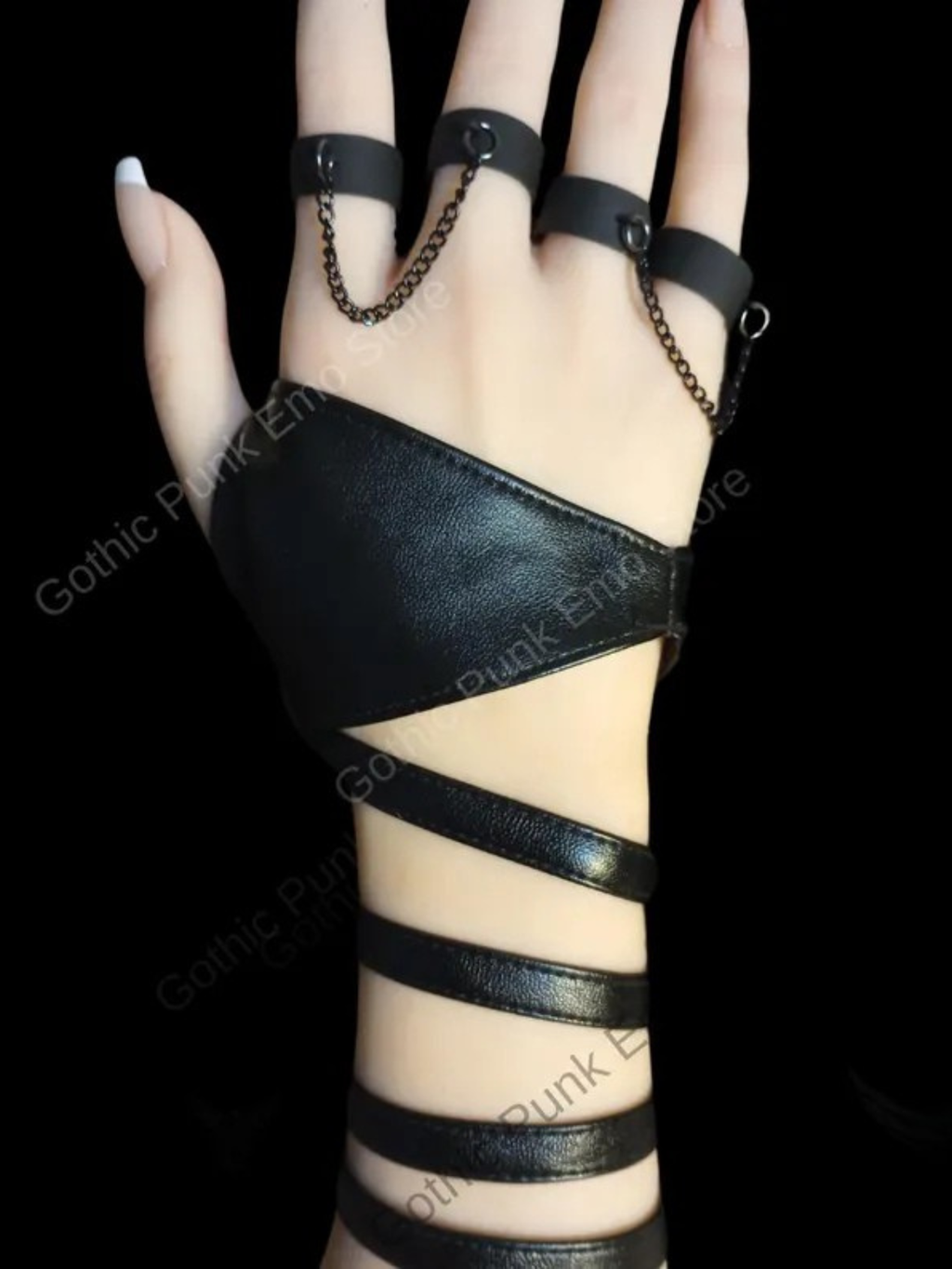 Punk Vegan Leather Bracelet with Chain Rings