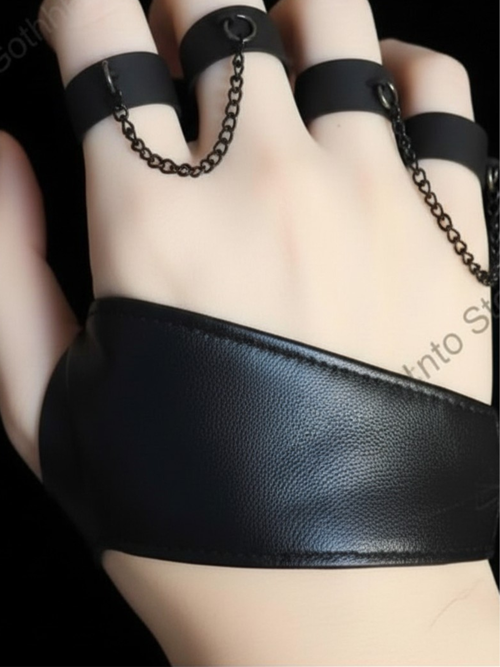 Punk Vegan Leather Bracelet with Chain Rings