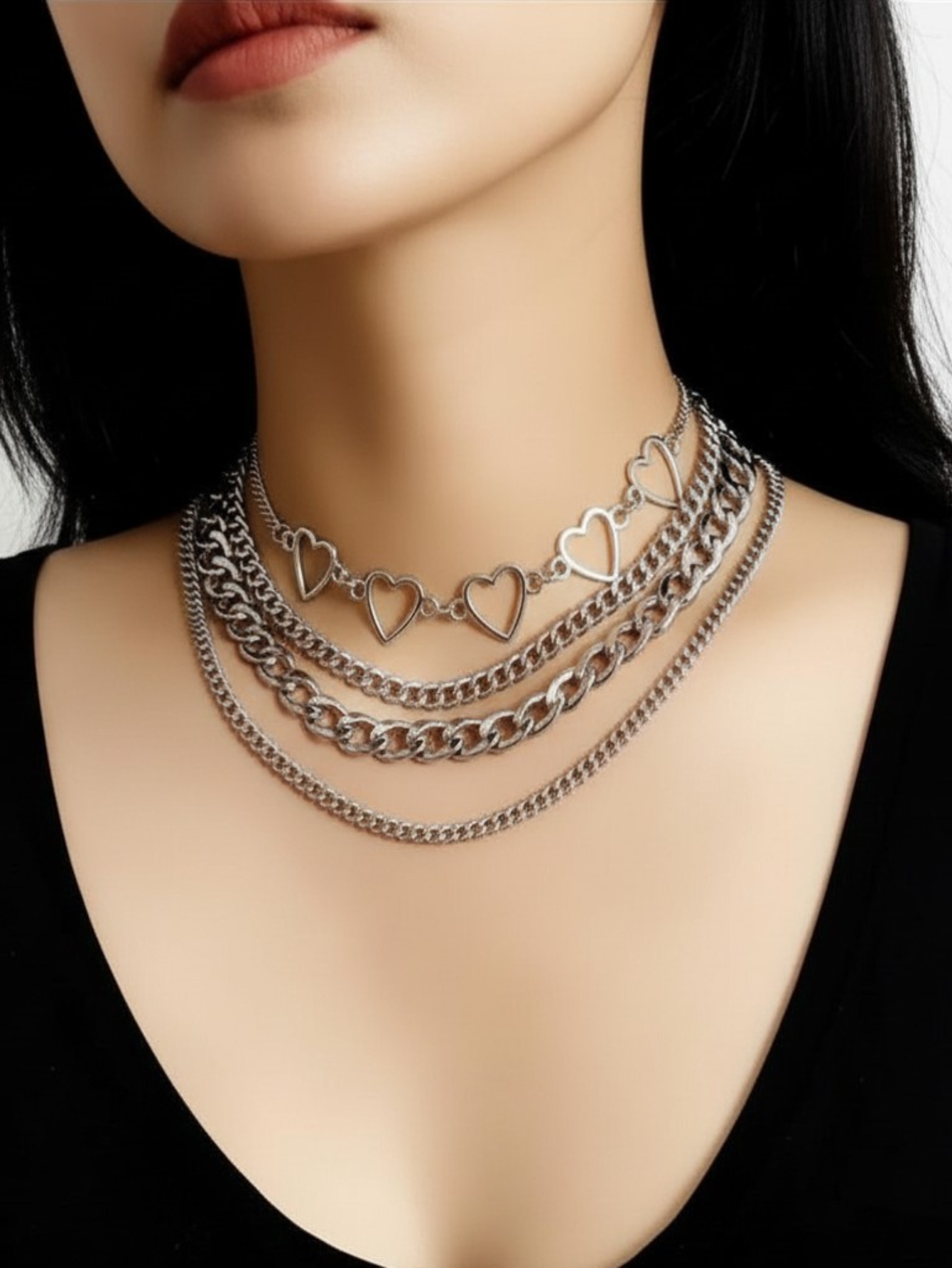 O ring Heart Layered Chain Necklace