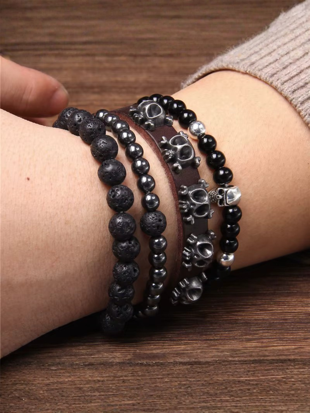 Gothic Skull Bead Bracelet Set