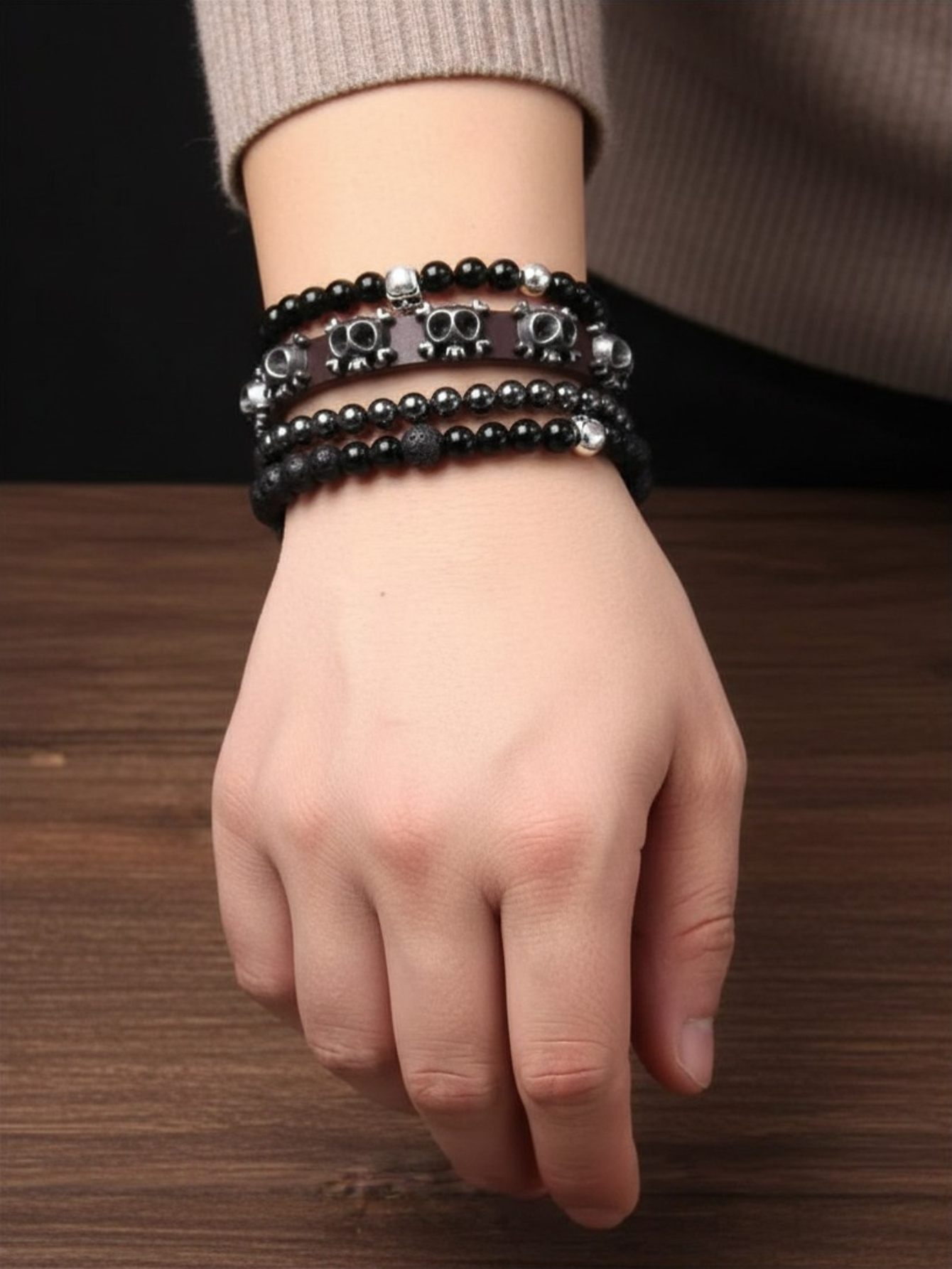 Gothic Skull Bead Bracelet Set