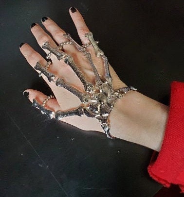 Skeleton Emo Silver Glove Rings Bracelet