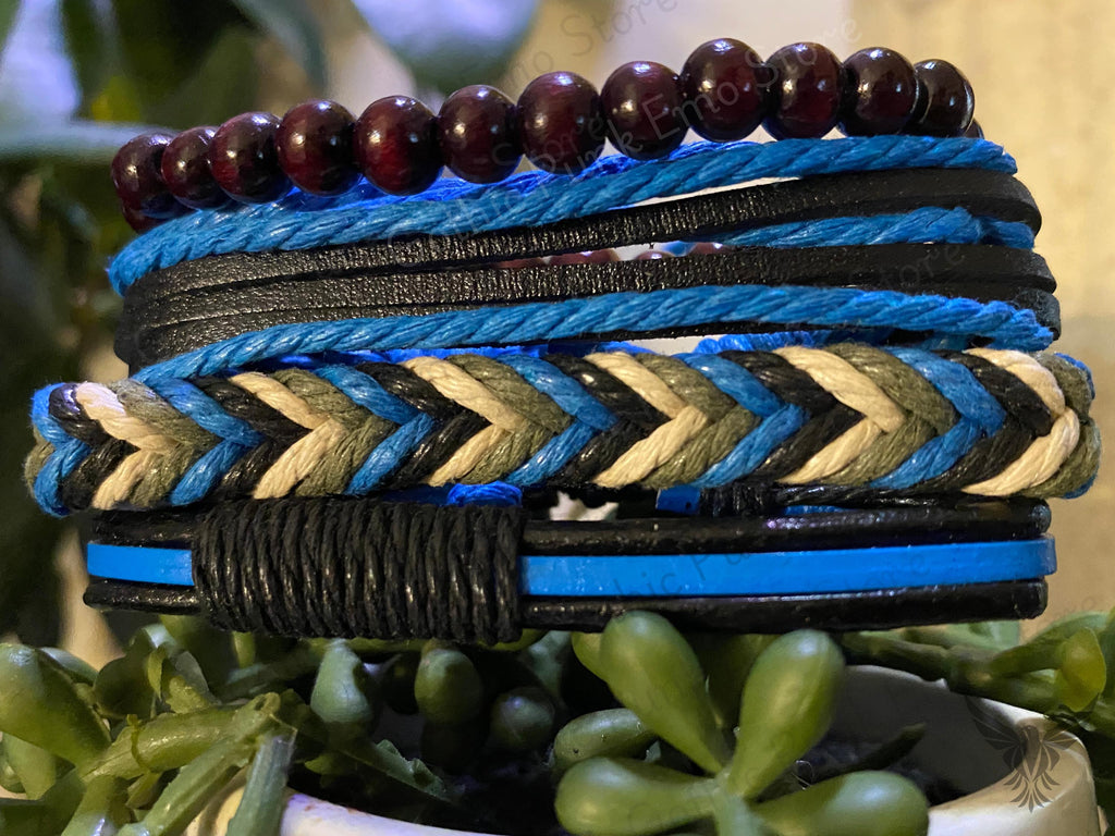 Blue Leather Bracelet Set