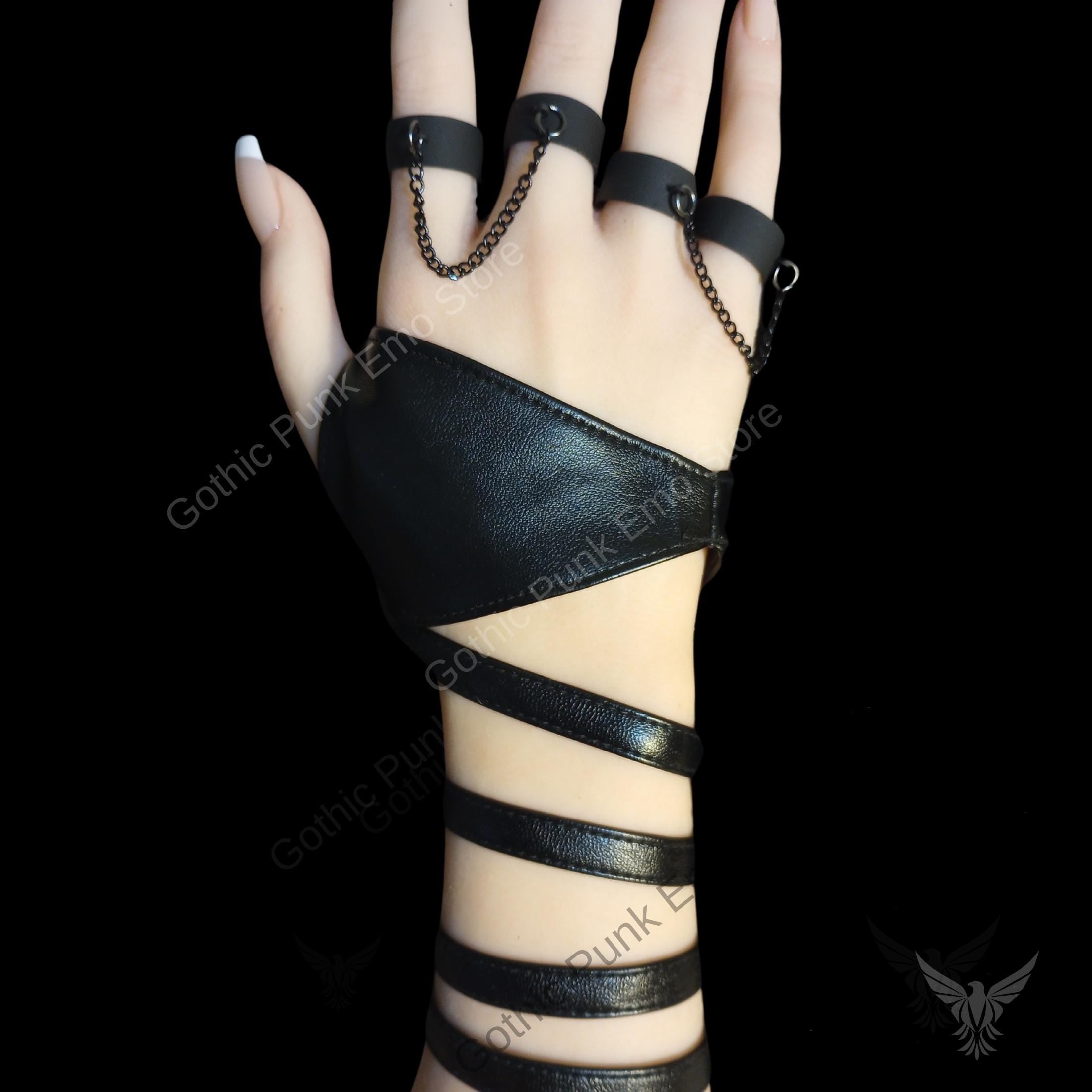 Punk Vegan Leather Bracelet with Chain Rings
