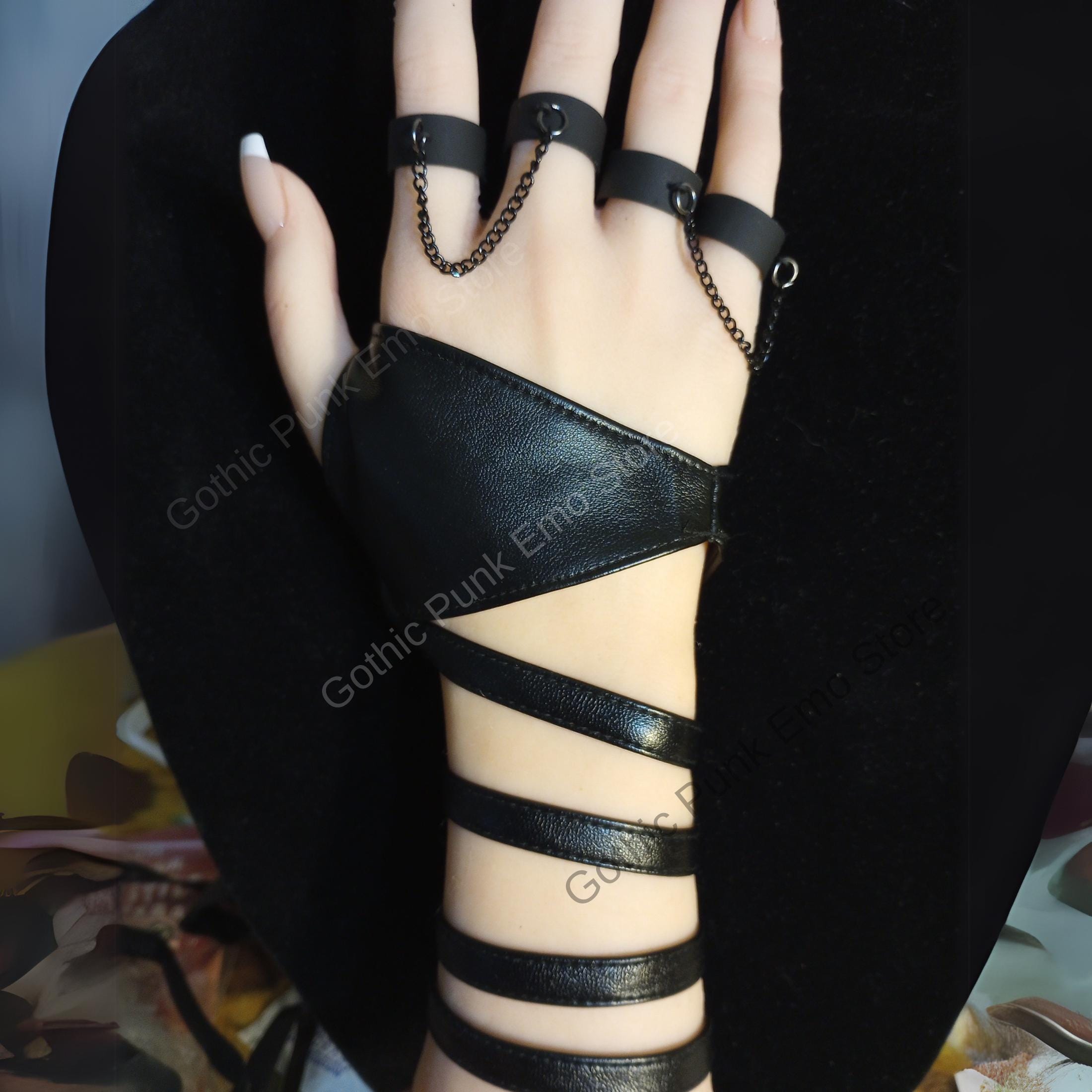 Punk Vegan Leather Bracelet with Chain Rings