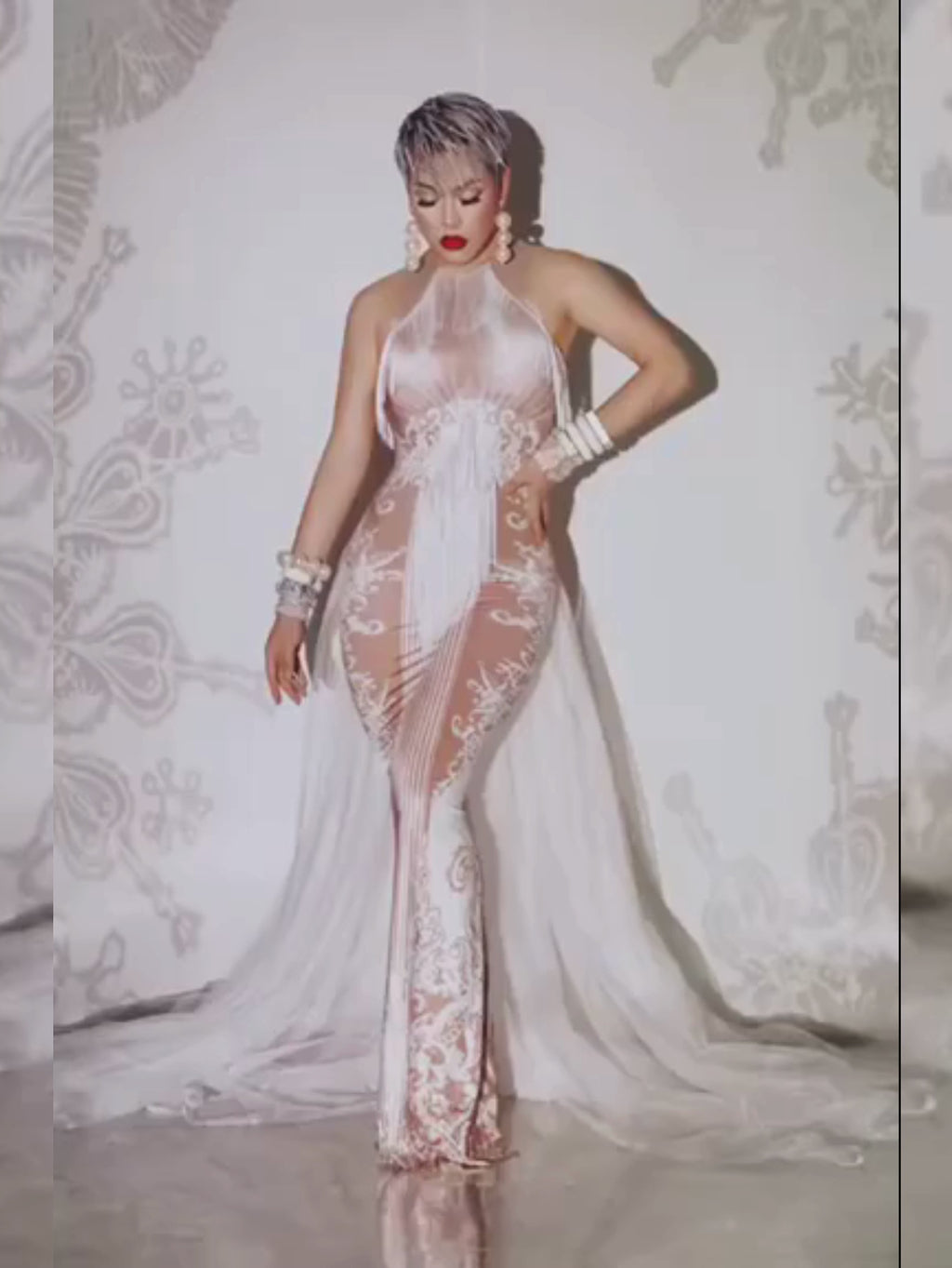 Sheer White Train Drag Queen Dress