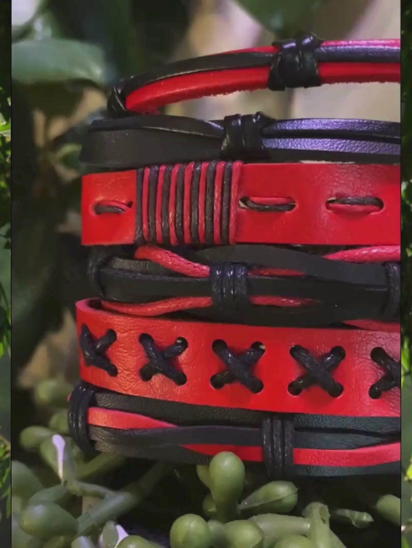 Red and Black Faux Leather Bracelet Set