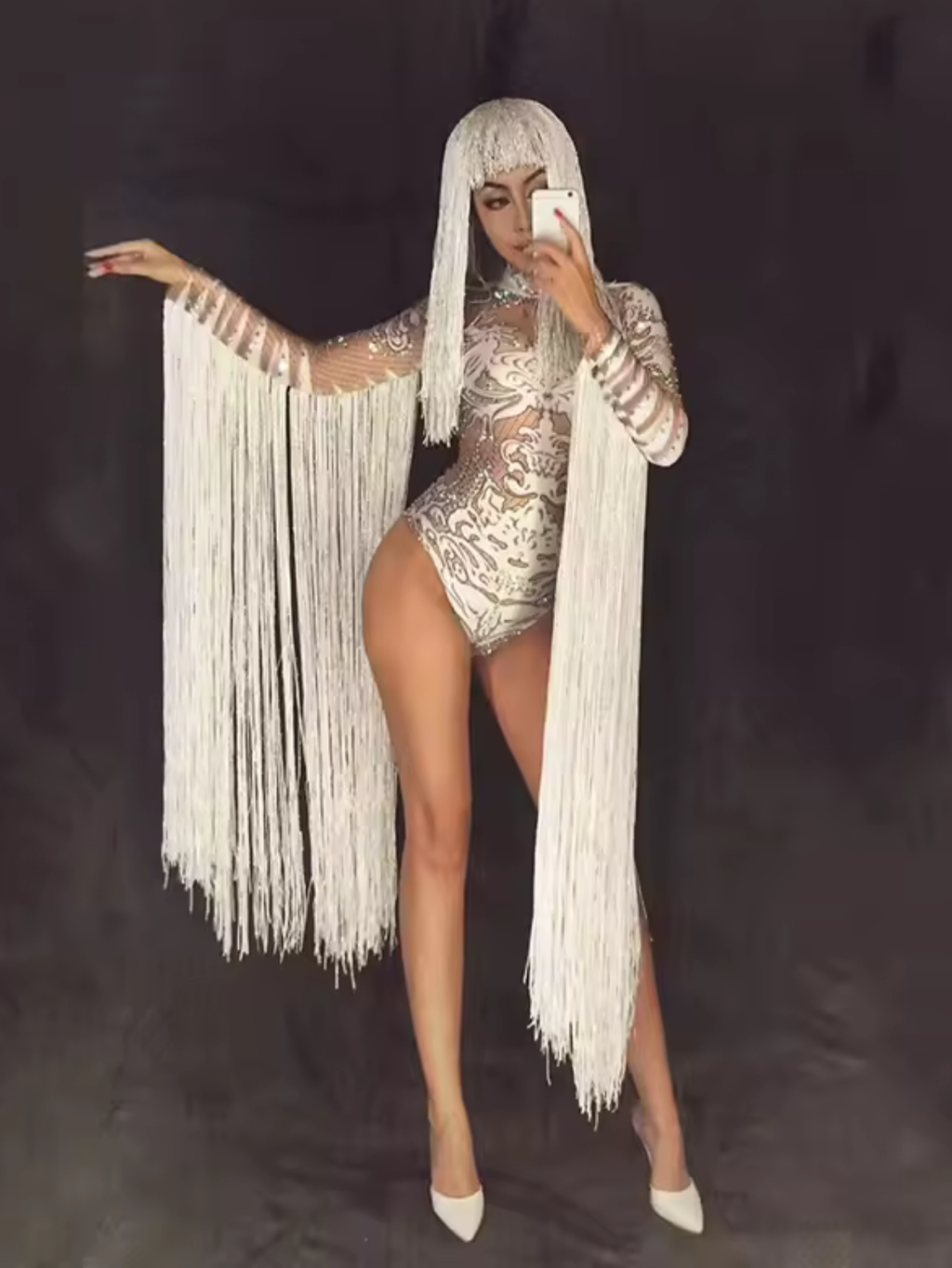 White Fringe Sequince Drag Queen Lyrical Costume