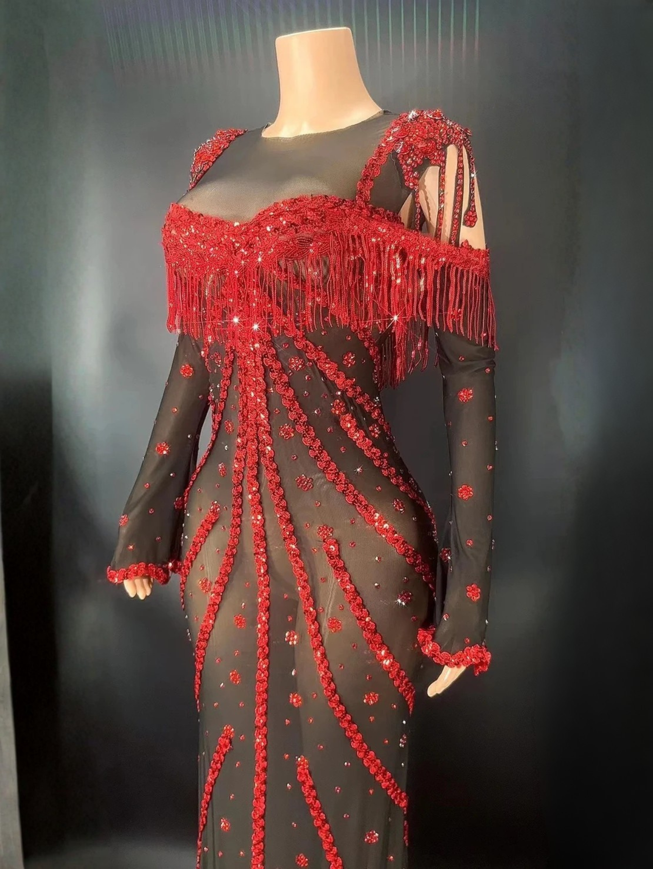 Red Sequin Sheer Dress